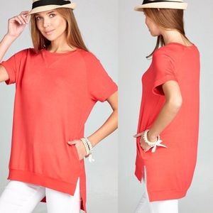 Coral High Low Side Pocket Crewneck Tunic Top!